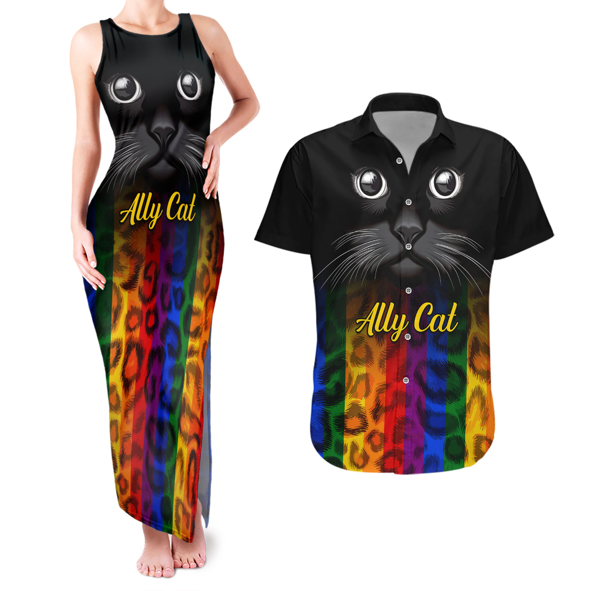 Personalised Ally Cat Couples Matching Tank Maxi Dress and Hawaiian Shirt 2023 National Coming Out Day - Wonder Print Shop
