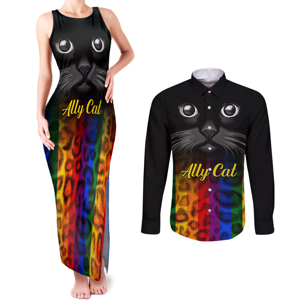 Personalised Ally Cat Couples Matching Tank Maxi Dress and Long Sleeve Button Shirts 2023 National Coming Out Day - Wonder Print Shop