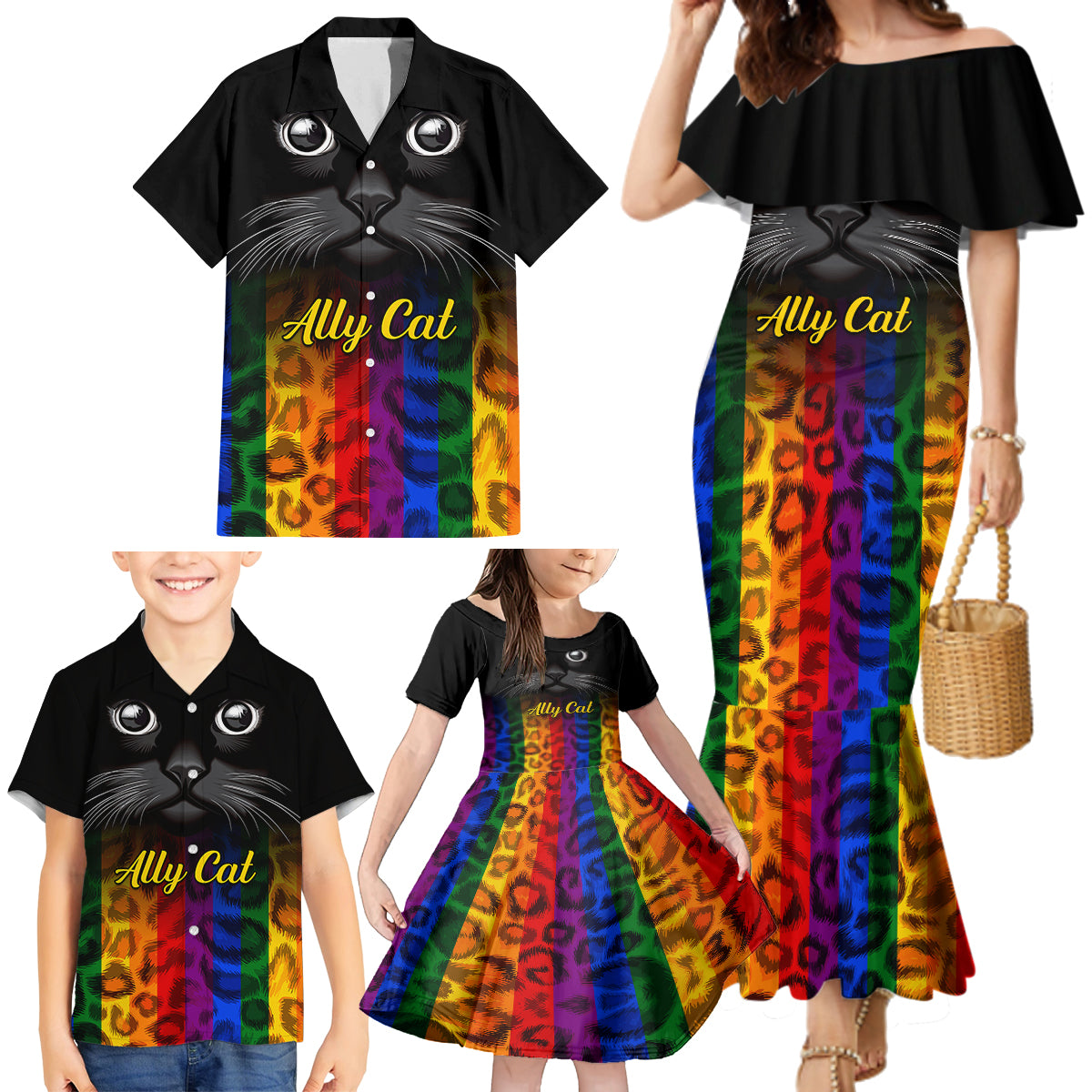 Personalised Ally Cat Family Matching Mermaid Dress and Hawaiian Shirt 2023 National Coming Out Day - Wonder Print Shop