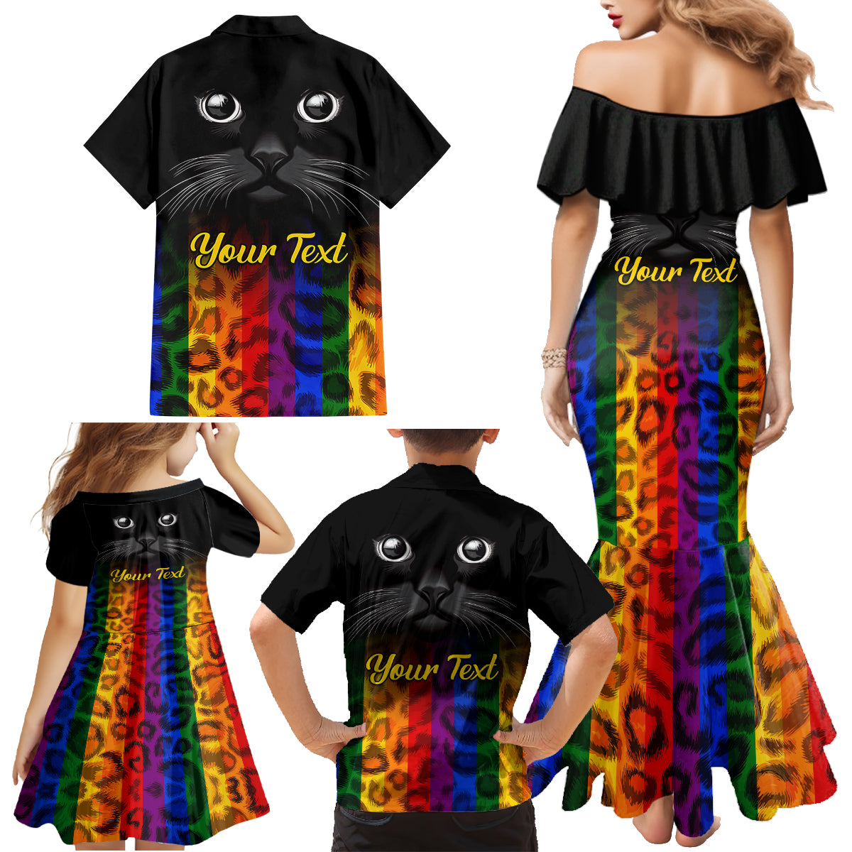 Personalised Ally Cat Family Matching Mermaid Dress and Hawaiian Shirt 2023 National Coming Out Day - Wonder Print Shop