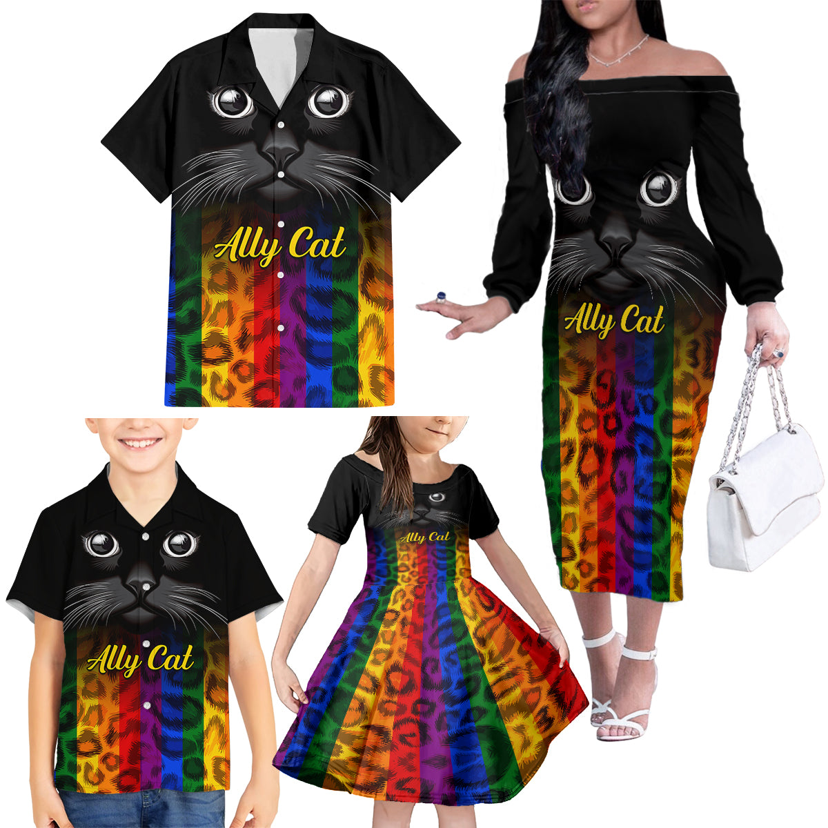 Personalised Ally Cat Family Matching Off Shoulder Long Sleeve Dress and Hawaiian Shirt 2023 National Coming Out Day - Wonder Print Shop