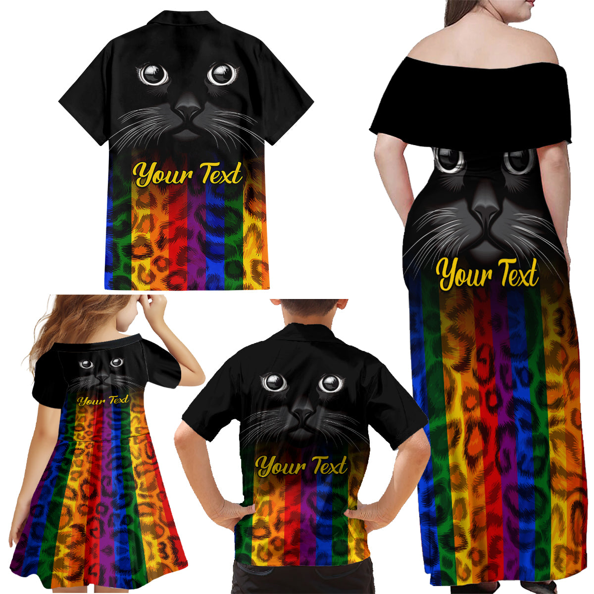 Personalised Ally Cat Family Matching Off Shoulder Maxi Dress and Hawaiian Shirt 2023 National Coming Out Day - Wonder Print Shop