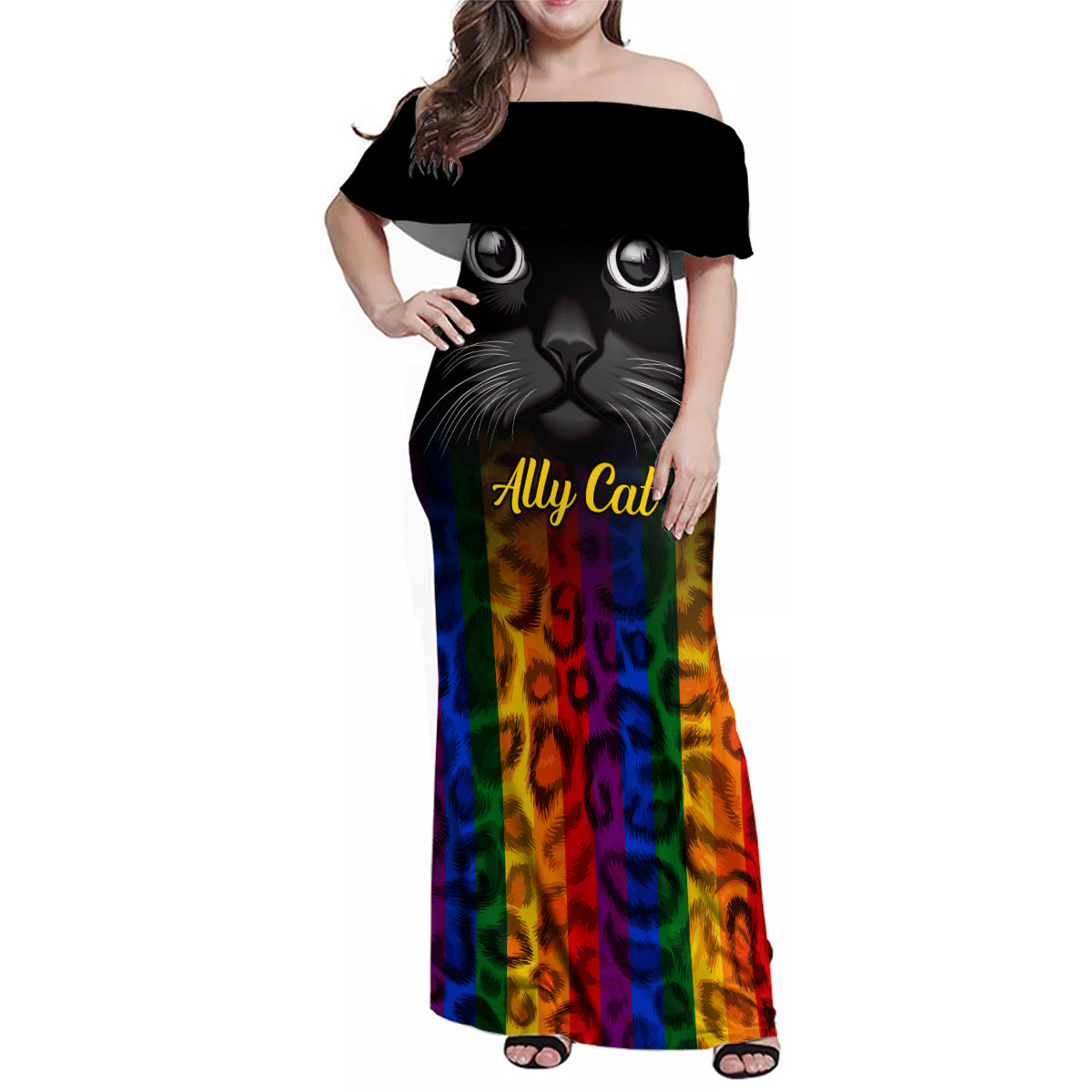 Personalised Ally Cat Family Matching Off Shoulder Maxi Dress and Hawaiian Shirt 2023 National Coming Out Day - Wonder Print Shop
