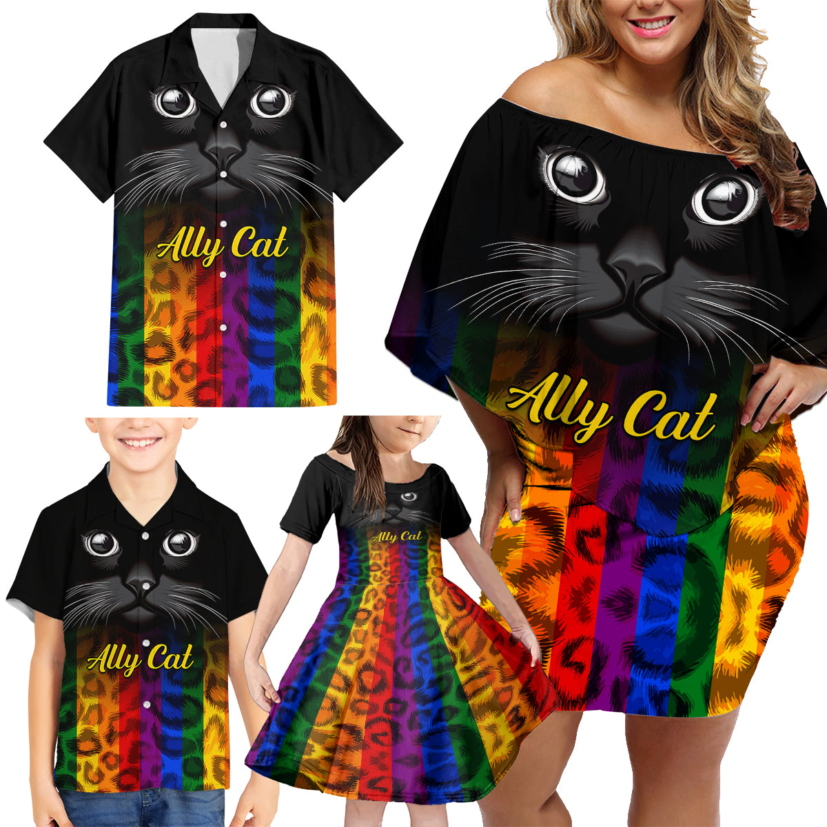 Personalised Ally Cat Family Matching Off Shoulder Short Dress and Hawaiian Shirt 2023 National Coming Out Day - Wonder Print Shop