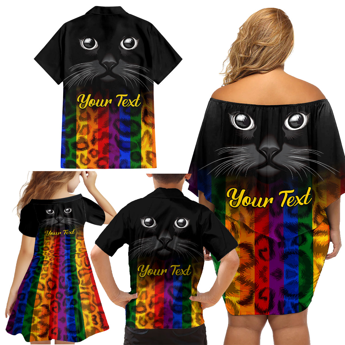 Personalised Ally Cat Family Matching Off Shoulder Short Dress and Hawaiian Shirt 2023 National Coming Out Day - Wonder Print Shop