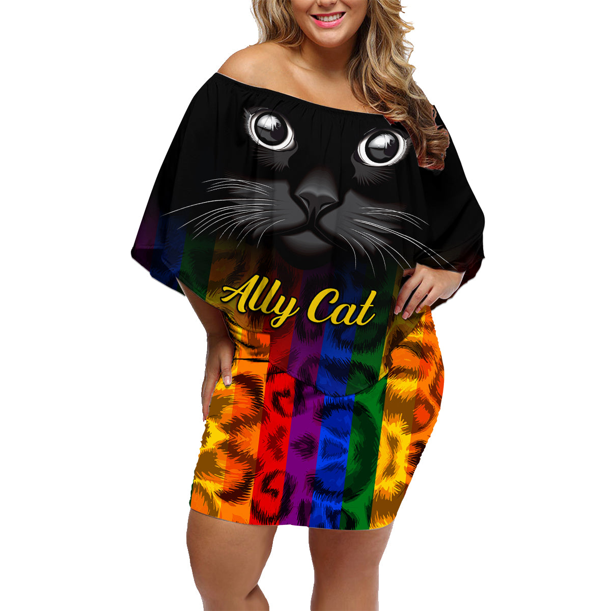 Personalised Ally Cat Family Matching Off Shoulder Short Dress and Hawaiian Shirt 2023 National Coming Out Day - Wonder Print Shop