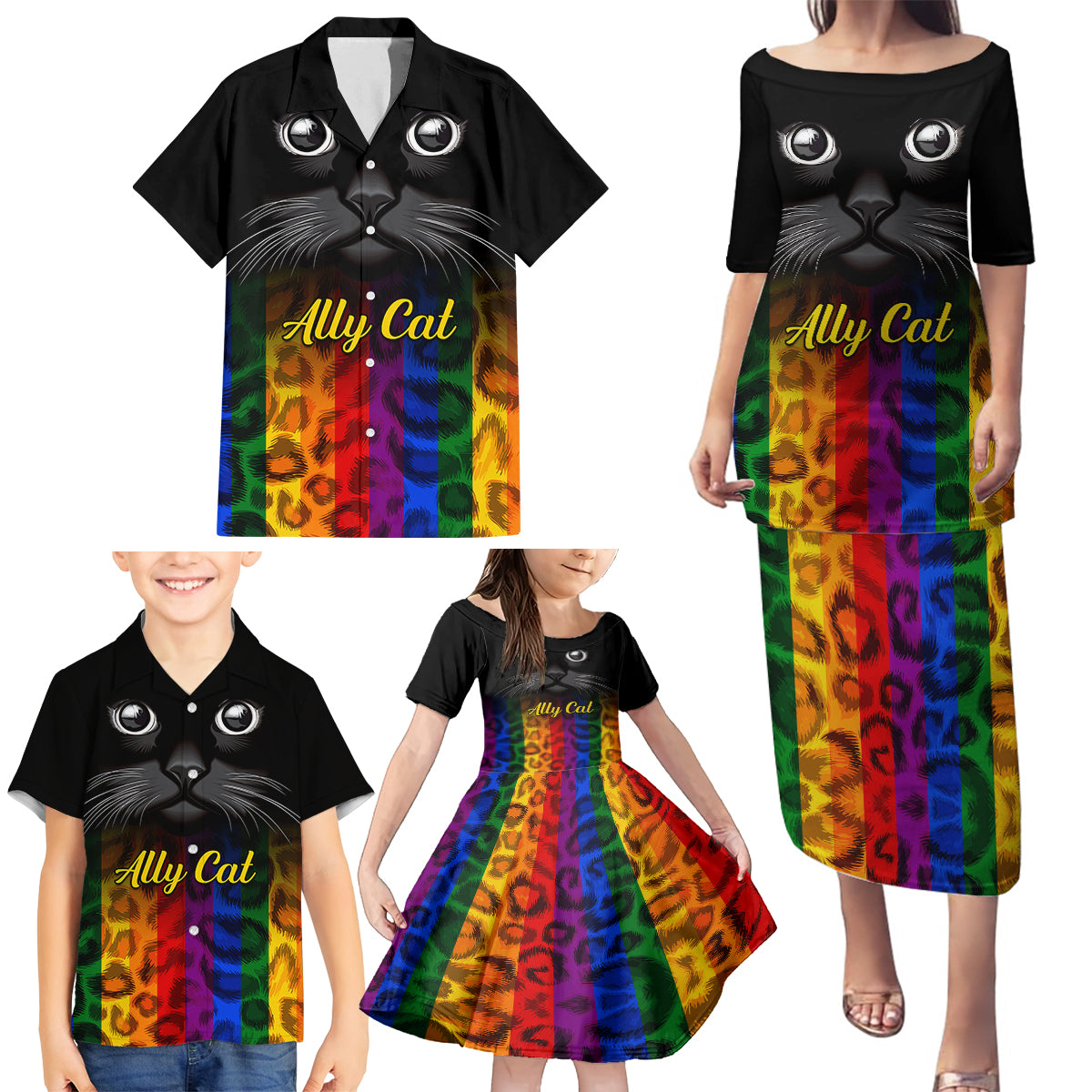Personalised Ally Cat Family Matching Puletasi Dress and Hawaiian Shirt 2023 National Coming Out Day - Wonder Print Shop
