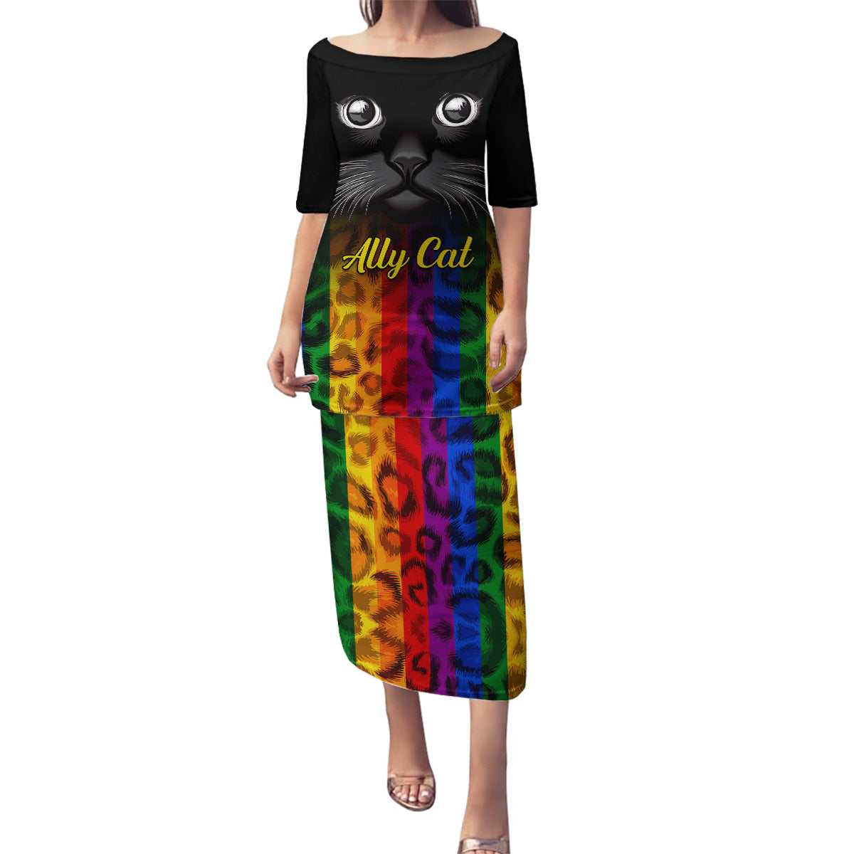 Personalised Ally Cat Family Matching Puletasi Dress and Hawaiian Shirt 2023 National Coming Out Day - Wonder Print Shop