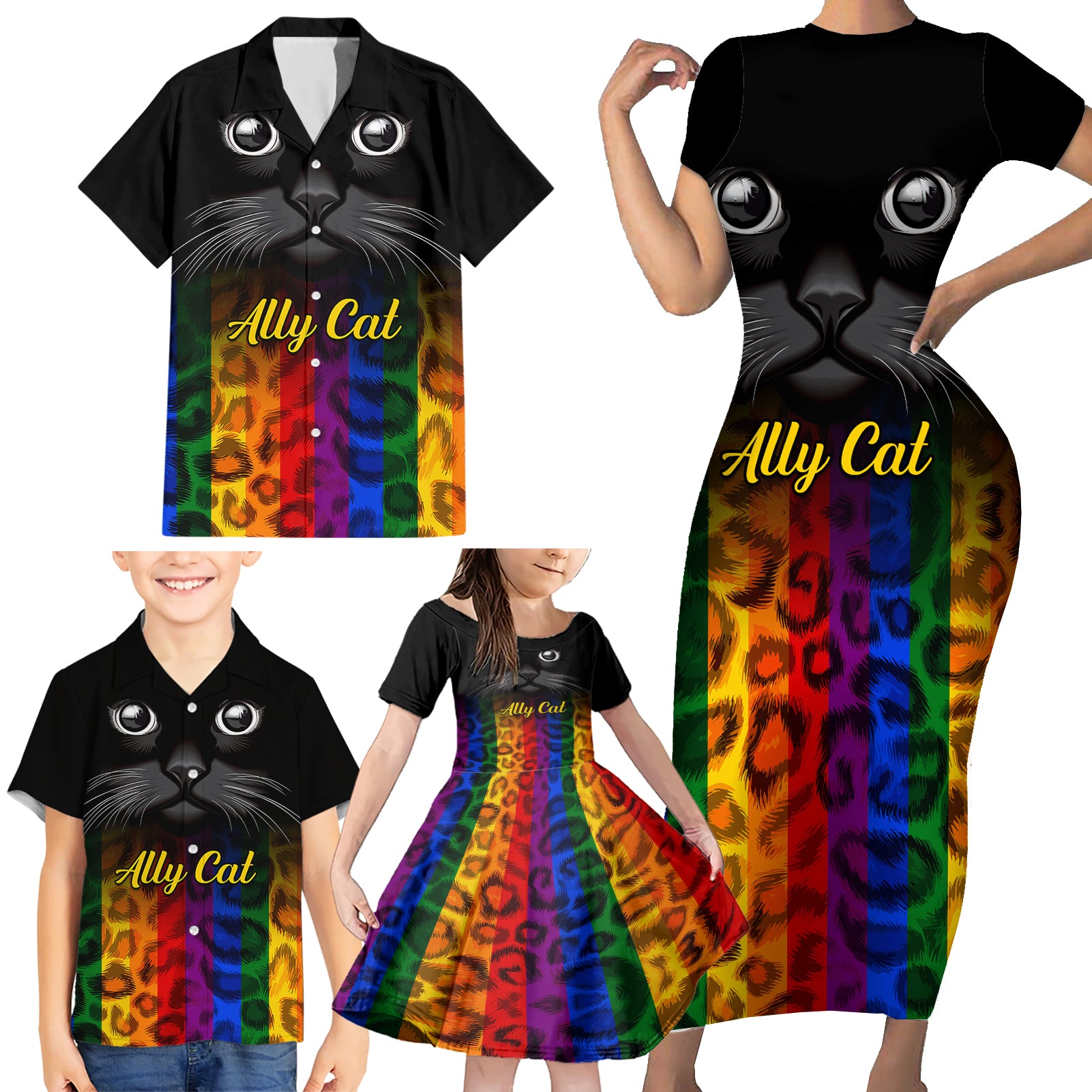 Personalised Ally Cat Family Matching Short Sleeve Bodycon Dress and Hawaiian Shirt 2023 National Coming Out Day - Wonder Print Shop