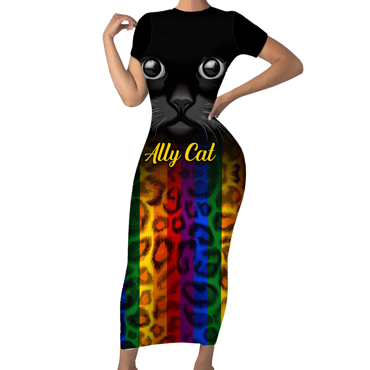 Personalised Ally Cat Family Matching Short Sleeve Bodycon Dress and Hawaiian Shirt 2023 National Coming Out Day - Wonder Print Shop