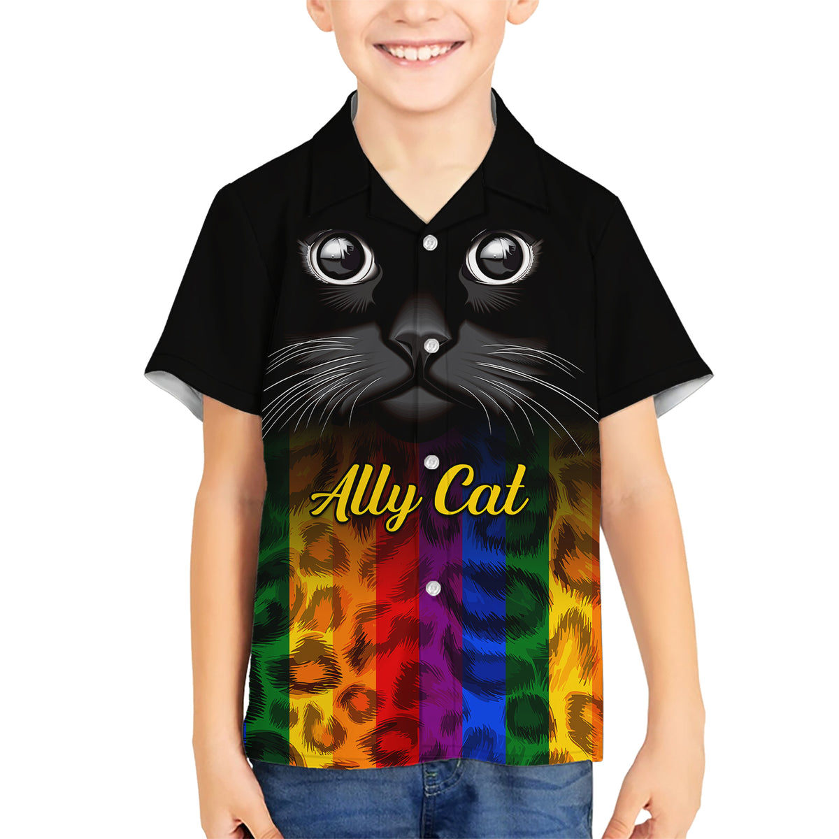Personalised Ally Cat Family Matching Short Sleeve Bodycon Dress and Hawaiian Shirt 2023 National Coming Out Day - Wonder Print Shop