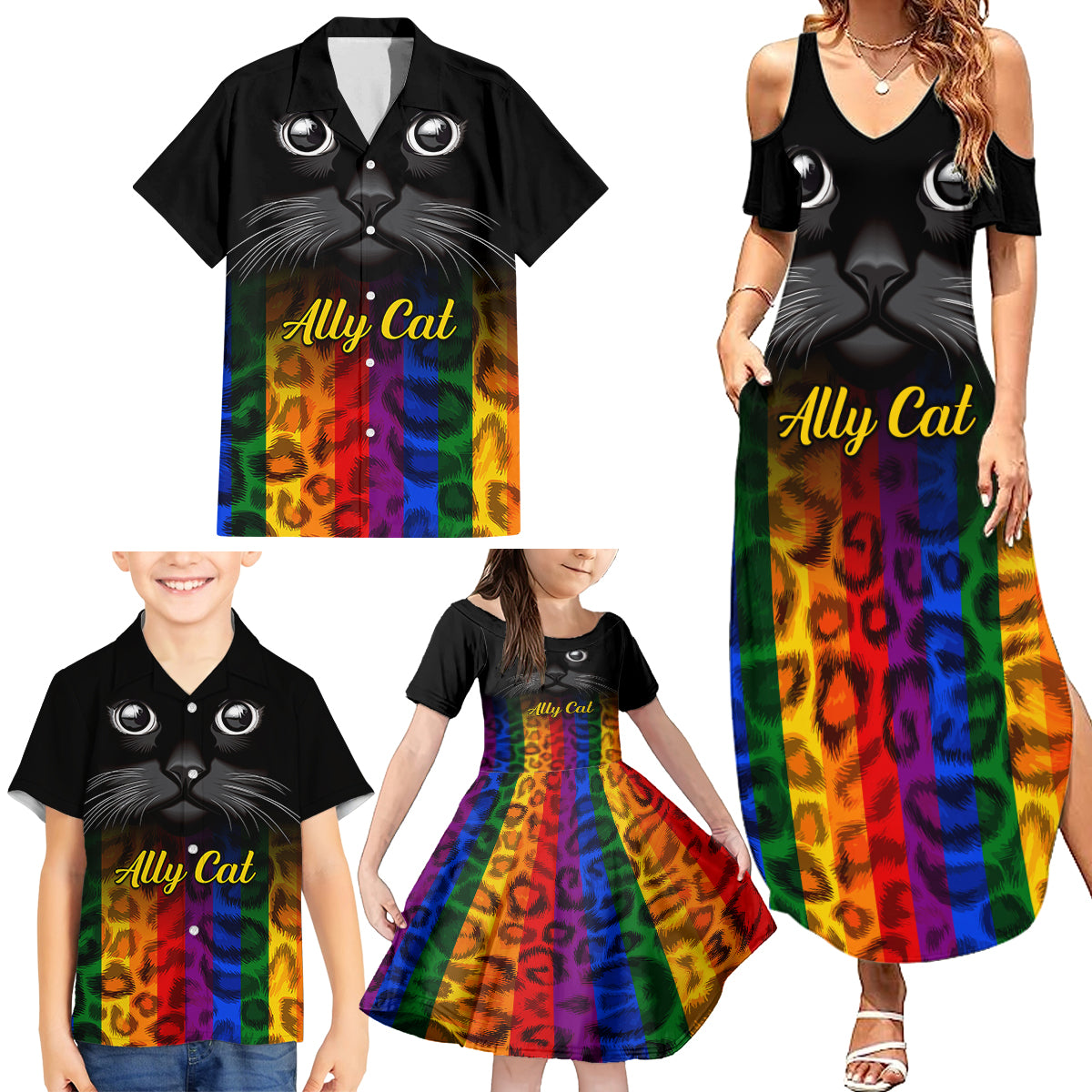 Personalised Ally Cat Family Matching Summer Maxi Dress and Hawaiian Shirt 2023 National Coming Out Day - Wonder Print Shop