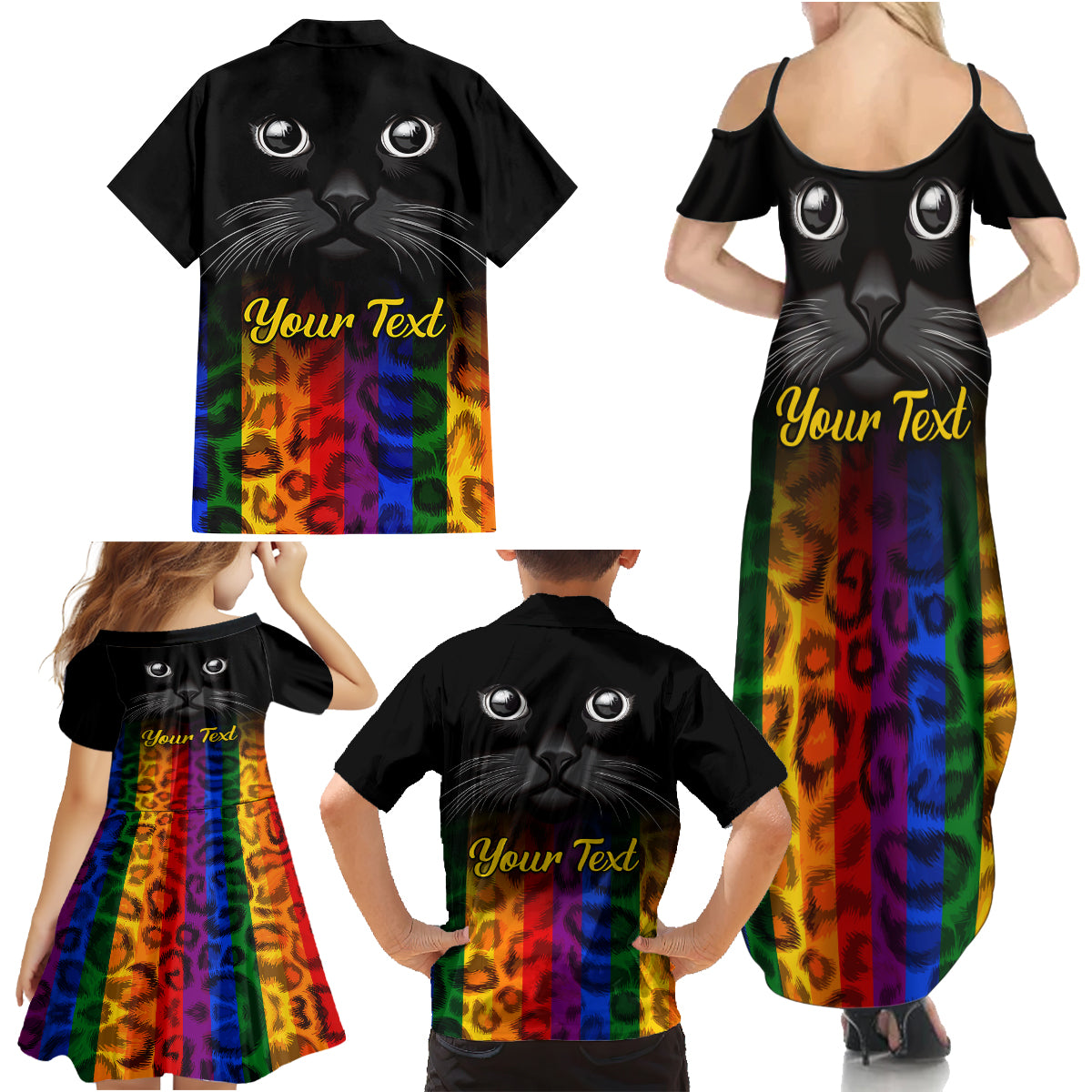 Personalised Ally Cat Family Matching Summer Maxi Dress and Hawaiian Shirt 2023 National Coming Out Day - Wonder Print Shop