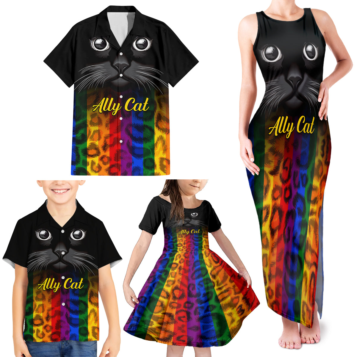 Personalised Ally Cat Family Matching Tank Maxi Dress and Hawaiian Shirt 2023 National Coming Out Day - Wonder Print Shop