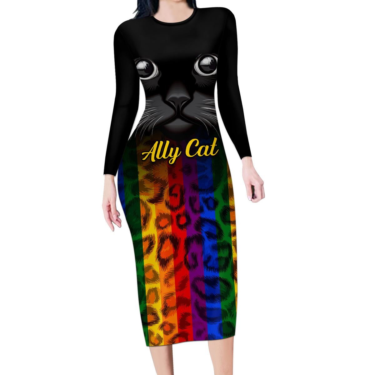 Personalised Ally Cat Long Sleeve Bodycon Dress 2023 National Coming Out Day - Wonder Print Shop