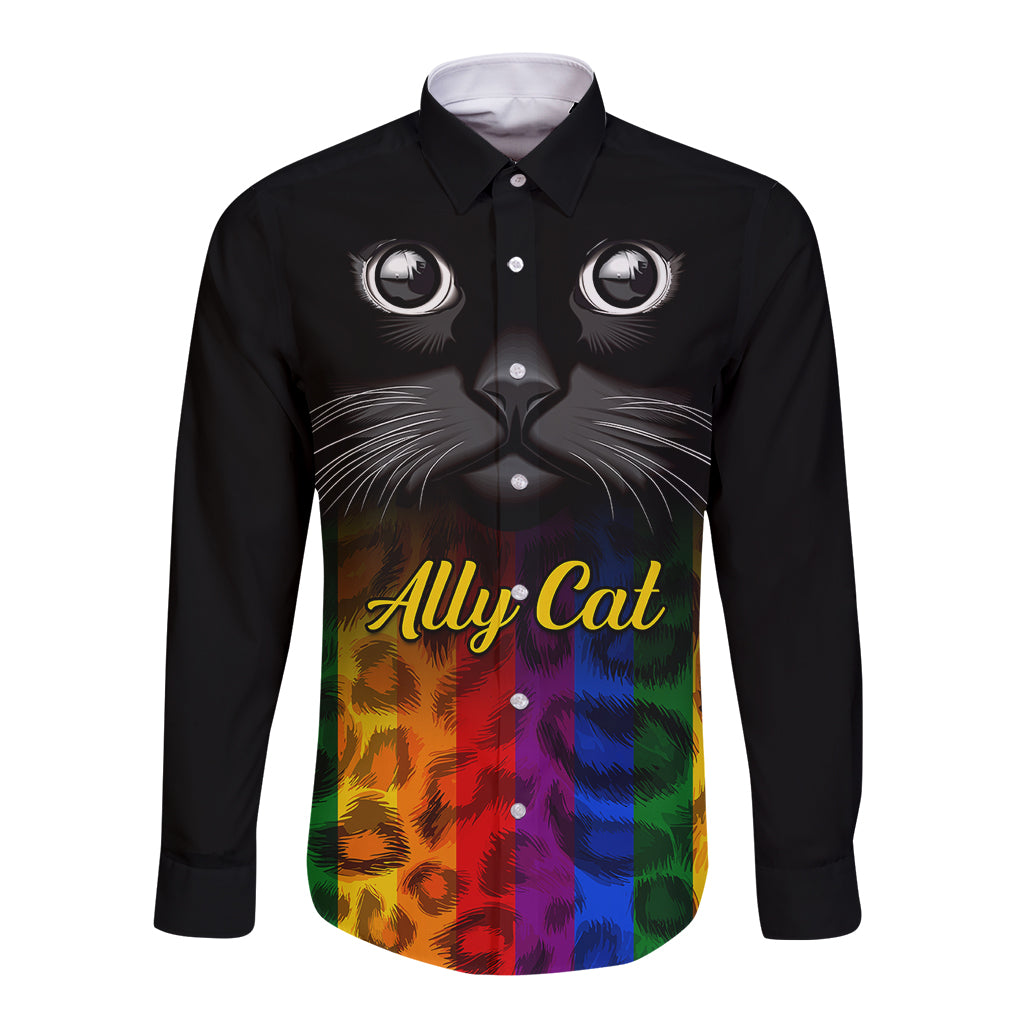 Personalised Ally Cat Long Sleeve Button Shirt 2023 National Coming Out Day - Wonder Print Shop