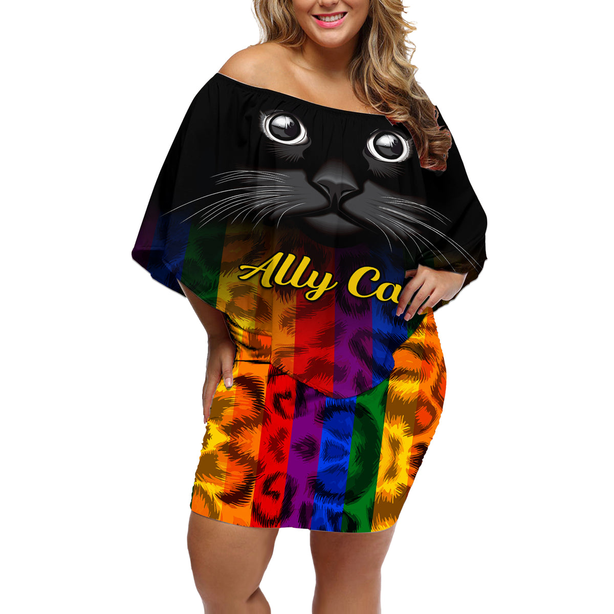 Personalised Ally Cat Off Shoulder Short Dress 2023 National Coming Out Day - Wonder Print Shop