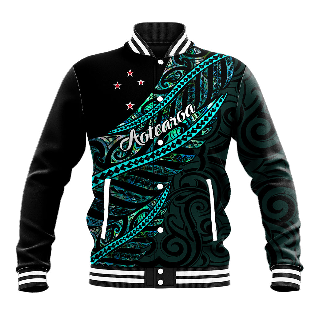 Personalised Aotearoa Baseball Jacket Silver Fern Mix Paua Shell Polynesian Pattern - Wonder Print Shop