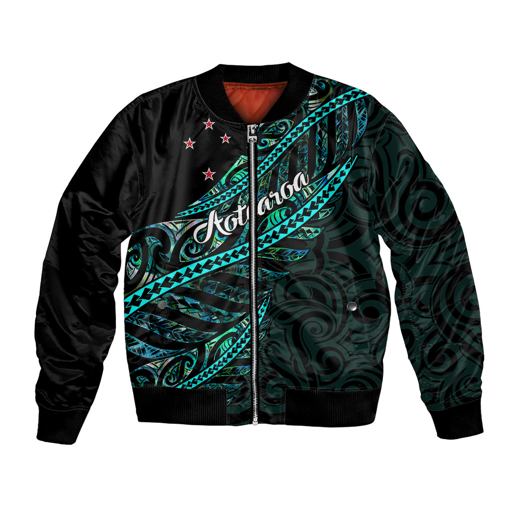 Personalised Aotearoa Bomber Jacket Silver Fern Mix Paua Shell Polynesian Pattern - Wonder Print Shop