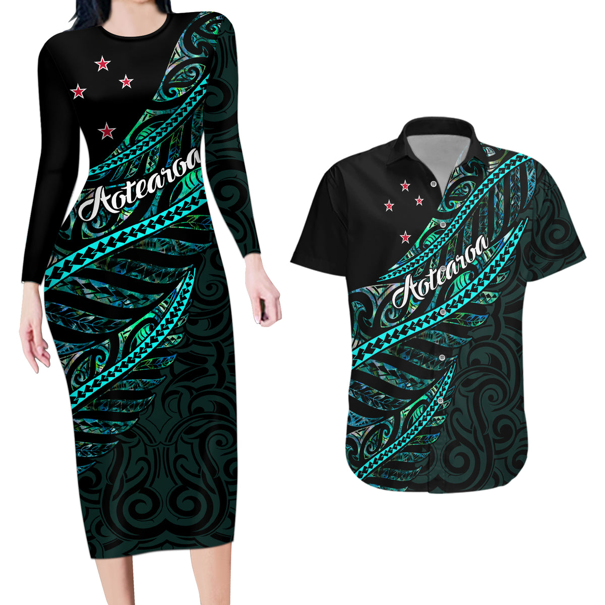 Personalised Aotearoa Couples Matching Long Sleeve Bodycon Dress and Hawaiian Shirt Silver Fern Mix Paua Shell Polynesian Pattern - Wonder Print Shop