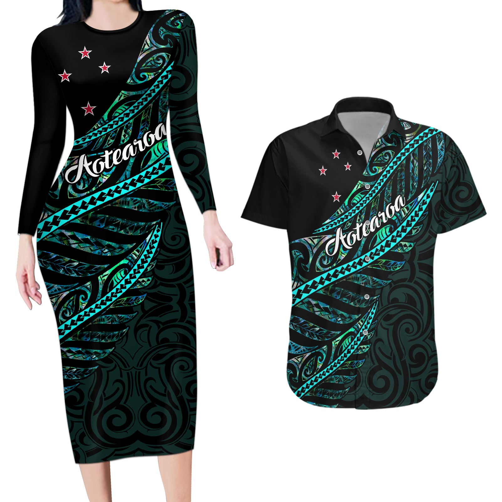Personalised Aotearoa Couples Matching Long Sleeve Bodycon Dress and Hawaiian Shirt Silver Fern Mix Paua Shell Polynesian Pattern - Wonder Print Shop