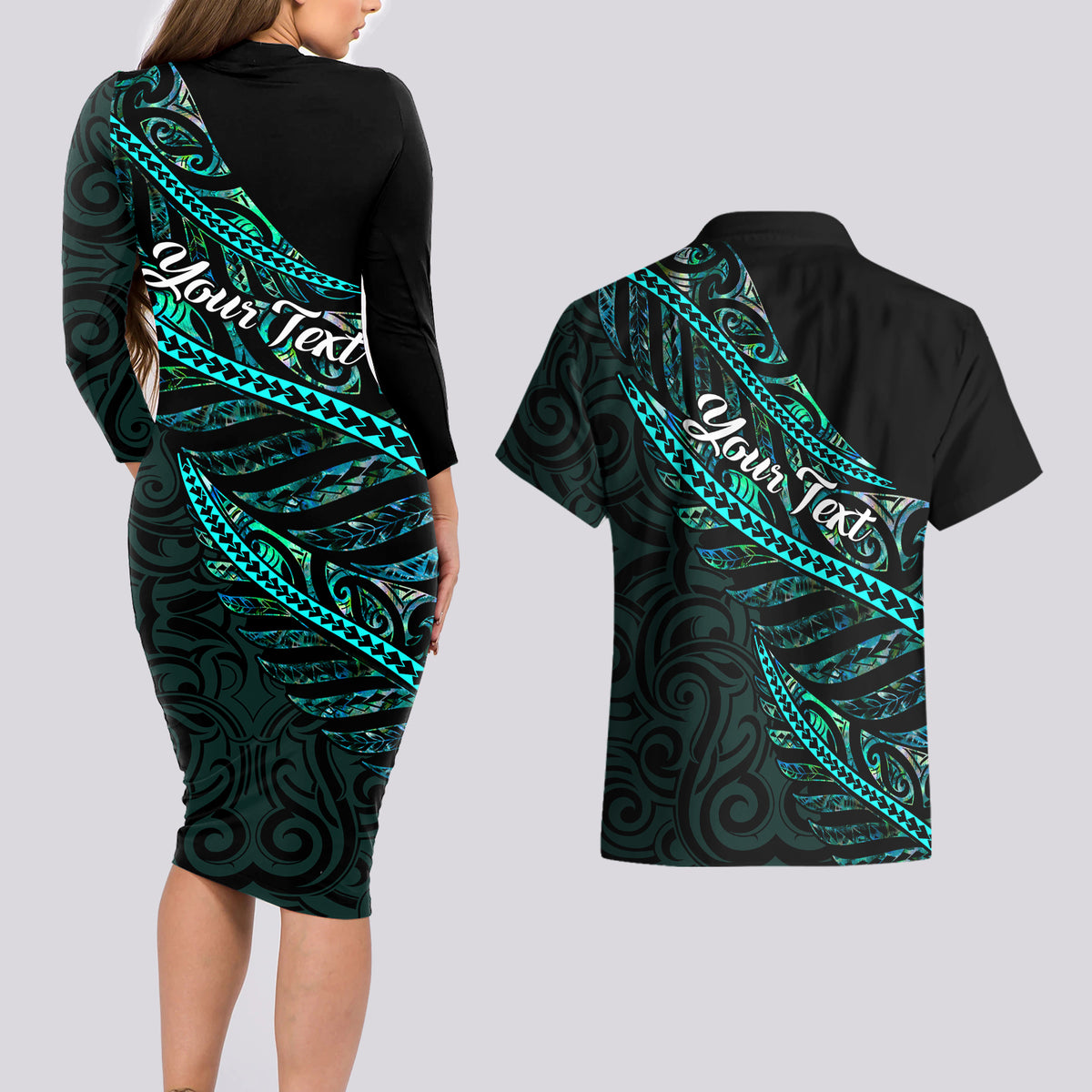 Personalised Aotearoa Couples Matching Long Sleeve Bodycon Dress and Hawaiian Shirt Silver Fern Mix Paua Shell Polynesian Pattern - Wonder Print Shop
