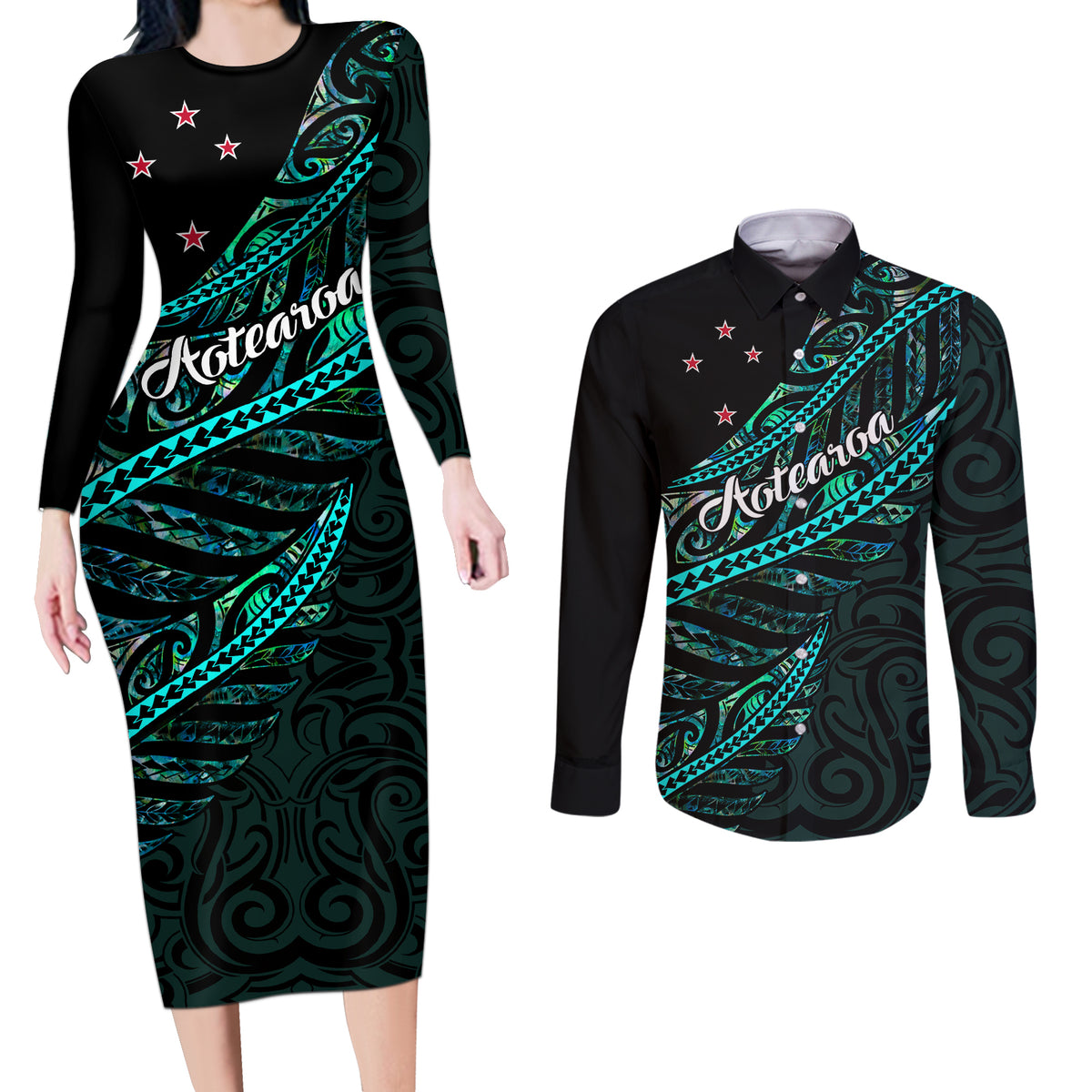 Personalised Aotearoa Couples Matching Long Sleeve Bodycon Dress and Long Sleeve Button Shirts Silver Fern Mix Paua Shell Polynesian Pattern - Wonder Print Shop