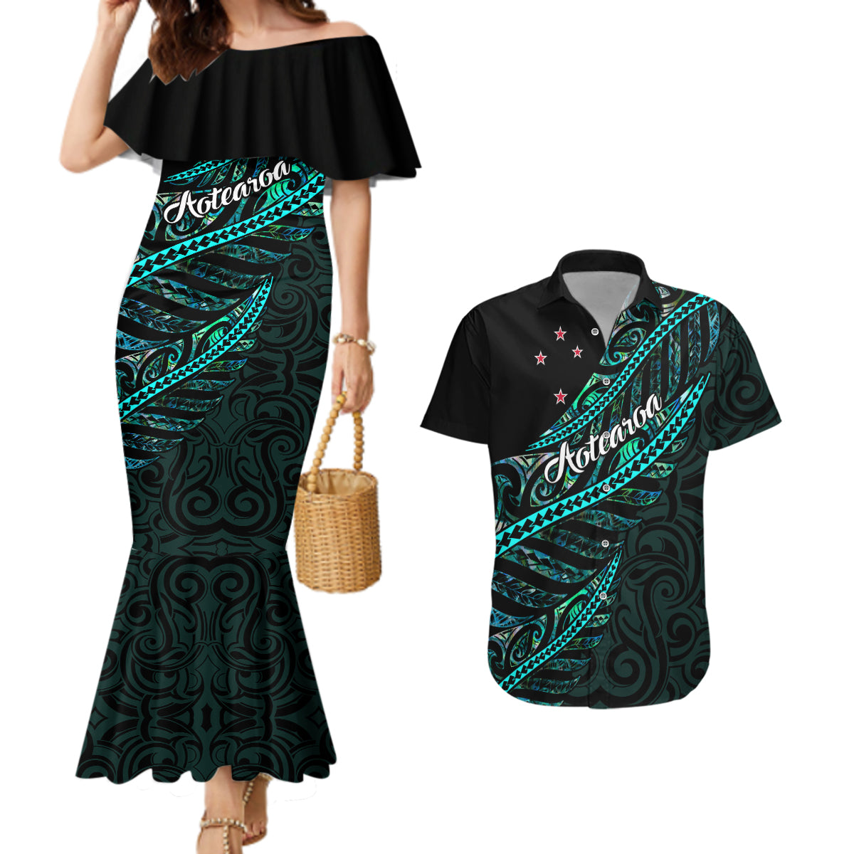 Personalised Aotearoa Couples Matching Mermaid Dress and Hawaiian Shirt Silver Fern Mix Paua Shell Polynesian Pattern - Wonder Print Shop