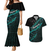 Personalised Aotearoa Couples Matching Mermaid Dress and Hawaiian Shirt Silver Fern Mix Paua Shell Polynesian Pattern - Wonder Print Shop