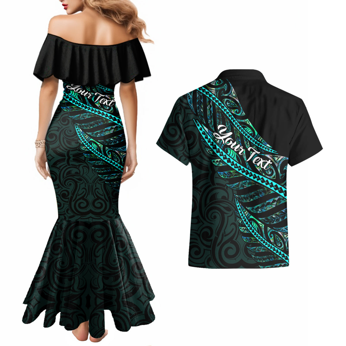 Personalised Aotearoa Couples Matching Mermaid Dress and Hawaiian Shirt Silver Fern Mix Paua Shell Polynesian Pattern - Wonder Print Shop