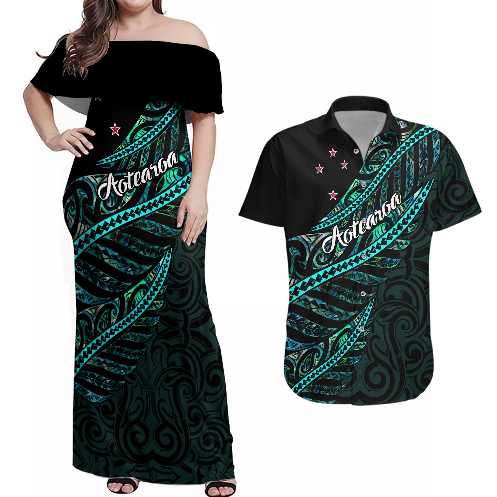 Personalised Aotearoa Couples Matching Off Shoulder Maxi Dress and Hawaiian Shirt Silver Fern Mix Paua Shell Polynesian Pattern - Wonder Print Shop