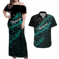 Personalised Aotearoa Couples Matching Off Shoulder Maxi Dress and Hawaiian Shirt Silver Fern Mix Paua Shell Polynesian Pattern - Wonder Print Shop