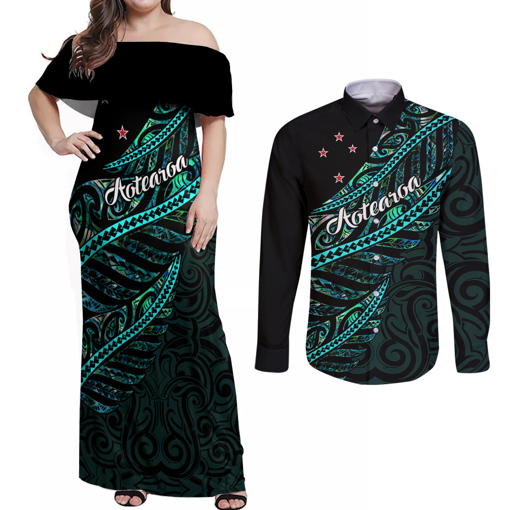 Personalised Aotearoa Couples Matching Off Shoulder Maxi Dress and Long Sleeve Button Shirts Silver Fern Mix Paua Shell Polynesian Pattern - Wonder Print Shop