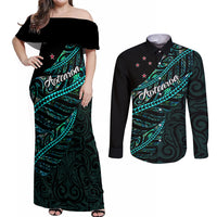 Personalised Aotearoa Couples Matching Off Shoulder Maxi Dress and Long Sleeve Button Shirts Silver Fern Mix Paua Shell Polynesian Pattern - Wonder Print Shop