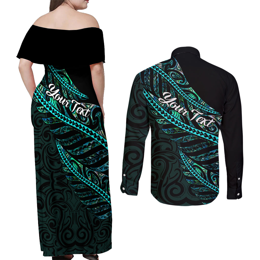 Personalised Aotearoa Couples Matching Off Shoulder Maxi Dress and Long Sleeve Button Shirts Silver Fern Mix Paua Shell Polynesian Pattern - Wonder Print Shop