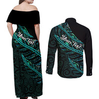 Personalised Aotearoa Couples Matching Off Shoulder Maxi Dress and Long Sleeve Button Shirts Silver Fern Mix Paua Shell Polynesian Pattern - Wonder Print Shop