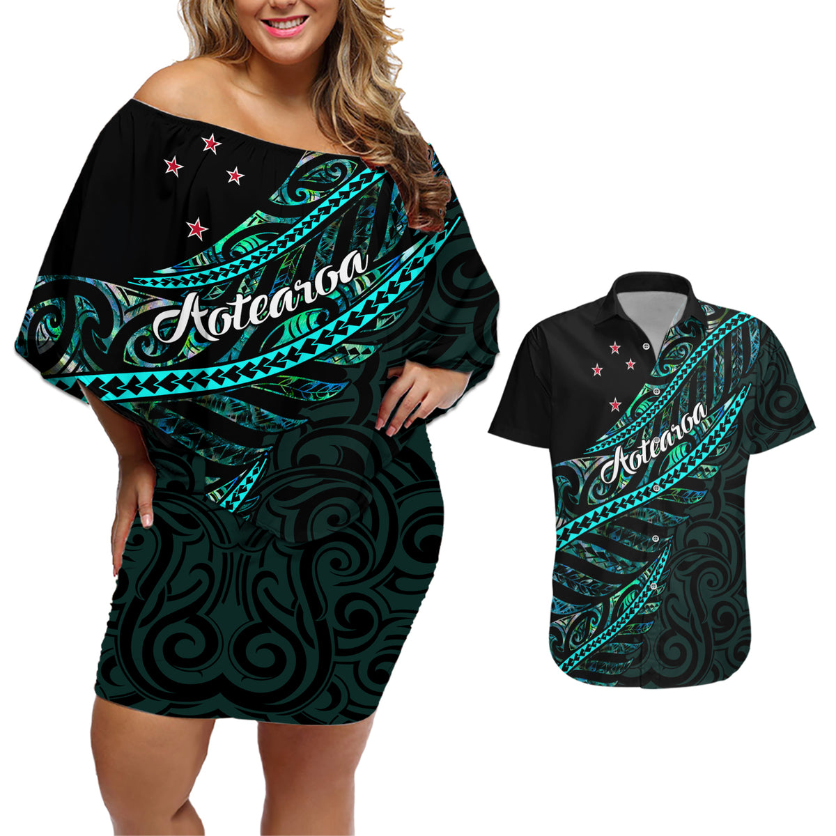 Personalised Aotearoa Couples Matching Off Shoulder Short Dress and Hawaiian Shirt Silver Fern Mix Paua Shell Polynesian Pattern - Wonder Print Shop