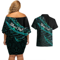 Personalised Aotearoa Couples Matching Off Shoulder Short Dress and Hawaiian Shirt Silver Fern Mix Paua Shell Polynesian Pattern - Wonder Print Shop