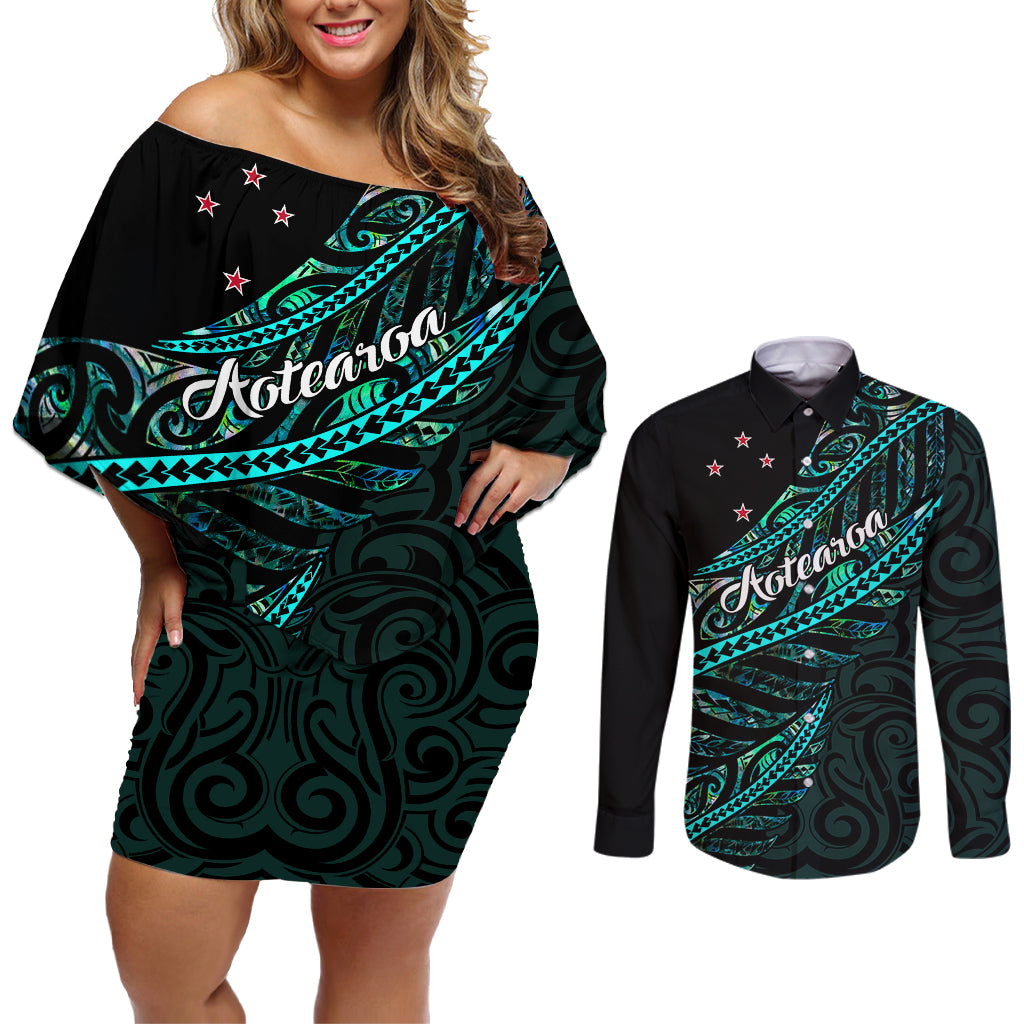 Personalised Aotearoa Couples Matching Off Shoulder Short Dress and Long Sleeve Button Shirts Silver Fern Mix Paua Shell Polynesian Pattern - Wonder Print Shop