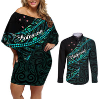 Personalised Aotearoa Couples Matching Off Shoulder Short Dress and Long Sleeve Button Shirts Silver Fern Mix Paua Shell Polynesian Pattern - Wonder Print Shop