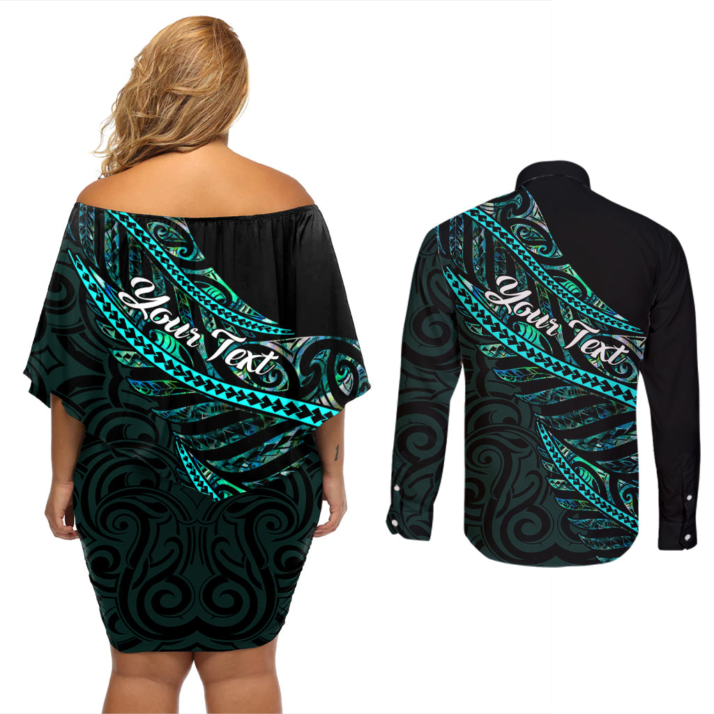 Personalised Aotearoa Couples Matching Off Shoulder Short Dress and Long Sleeve Button Shirts Silver Fern Mix Paua Shell Polynesian Pattern - Wonder Print Shop