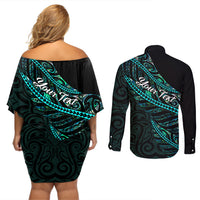 Personalised Aotearoa Couples Matching Off Shoulder Short Dress and Long Sleeve Button Shirts Silver Fern Mix Paua Shell Polynesian Pattern - Wonder Print Shop