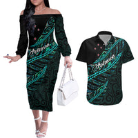 Personalised Aotearoa Couples Matching Off The Shoulder Long Sleeve Dress and Hawaiian Shirt Silver Fern Mix Paua Shell Polynesian Pattern - Wonder Print Shop