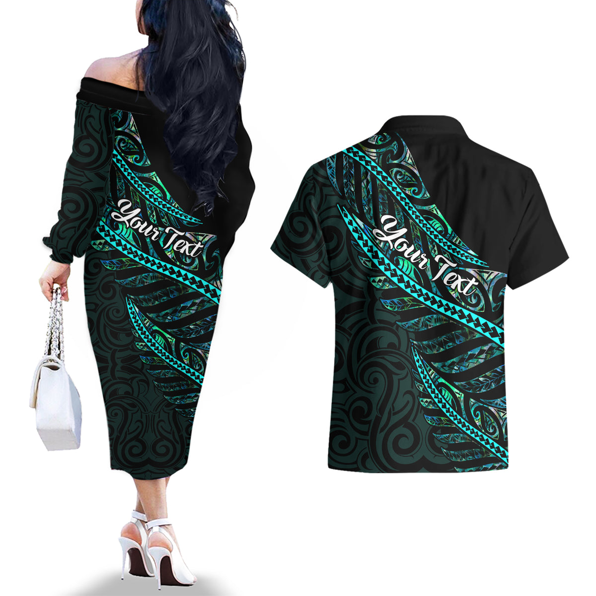 Personalised Aotearoa Couples Matching Off The Shoulder Long Sleeve Dress and Hawaiian Shirt Silver Fern Mix Paua Shell Polynesian Pattern - Wonder Print Shop