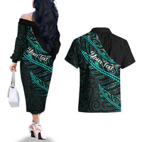 Personalised Aotearoa Couples Matching Off The Shoulder Long Sleeve Dress and Hawaiian Shirt Silver Fern Mix Paua Shell Polynesian Pattern - Wonder Print Shop