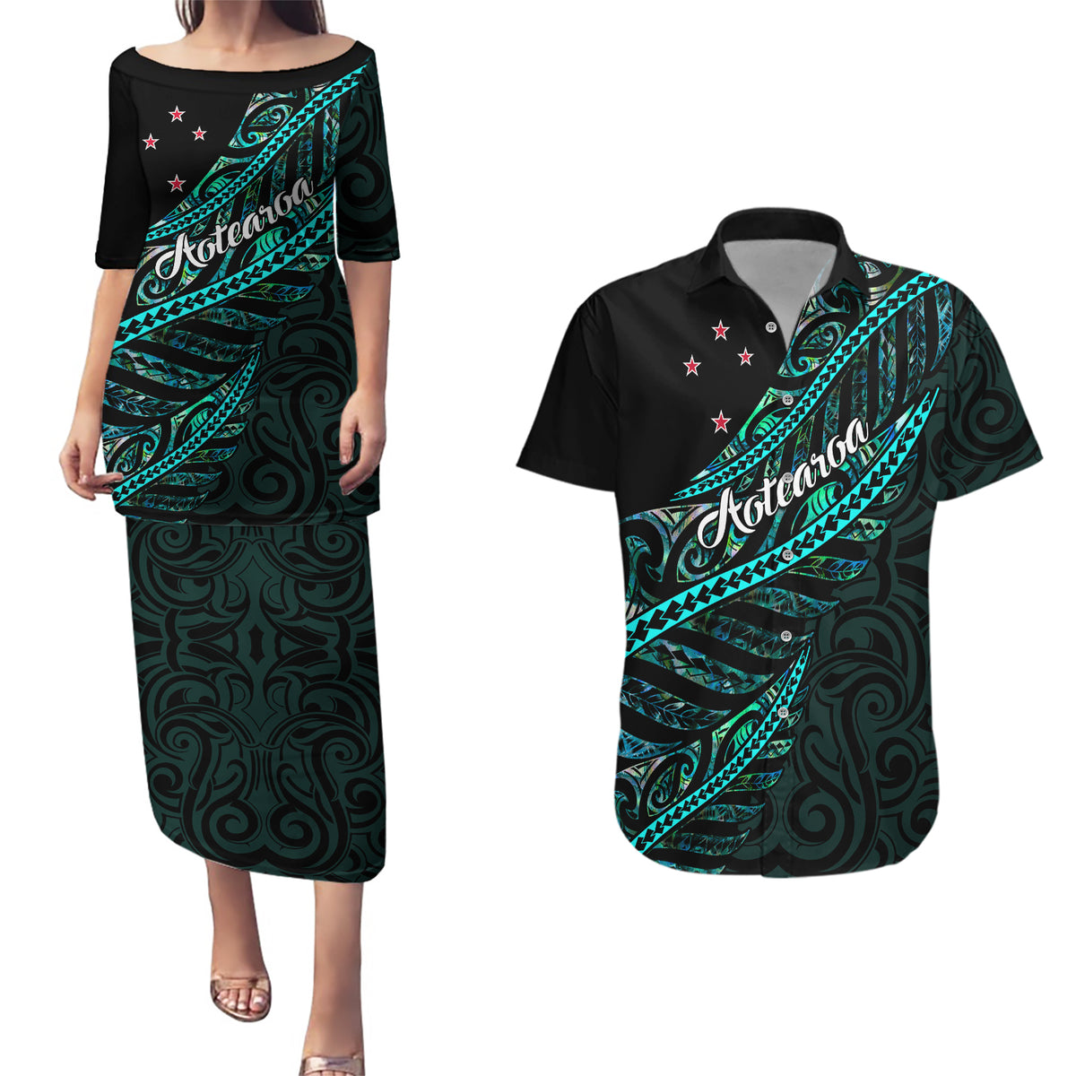 Personalised Aotearoa Couples Matching Puletasi Dress and Hawaiian Shirt Silver Fern Mix Paua Shell Polynesian Pattern - Wonder Print Shop
