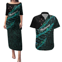 Personalised Aotearoa Couples Matching Puletasi Dress and Hawaiian Shirt Silver Fern Mix Paua Shell Polynesian Pattern - Wonder Print Shop