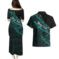 Personalised Aotearoa Couples Matching Puletasi Dress and Hawaiian Shirt Silver Fern Mix Paua Shell Polynesian Pattern - Wonder Print Shop