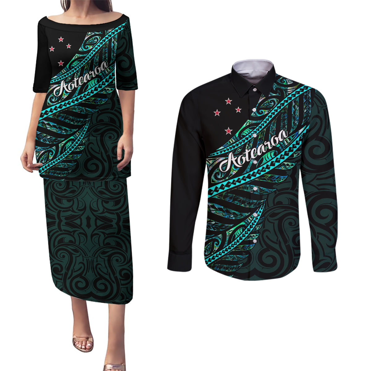 Personalised Aotearoa Couples Matching Puletasi Dress and Long Sleeve Button Shirts Silver Fern Mix Paua Shell Polynesian Pattern - Wonder Print Shop