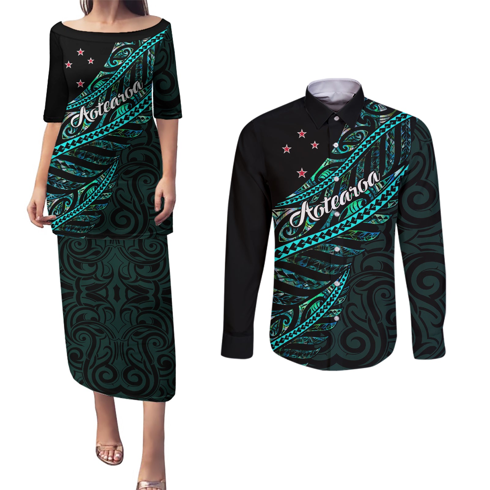 Personalised Aotearoa Couples Matching Puletasi Dress and Long Sleeve Button Shirts Silver Fern Mix Paua Shell Polynesian Pattern - Wonder Print Shop